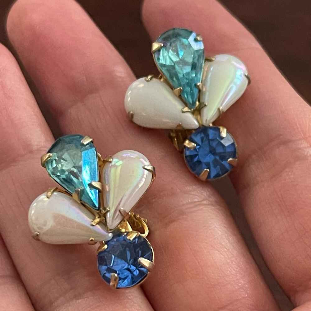 1950s blue crystal opal glass clip on gold tone earrings